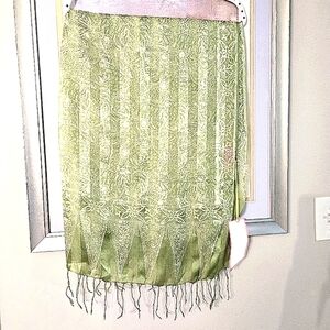 NEW!! Silk "Love Shop" Fringed Scarf, Green Silk Scarf